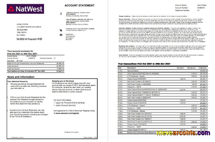 United Kingdom NatWest bank account statement in Excel and PDF format, 2 pages
